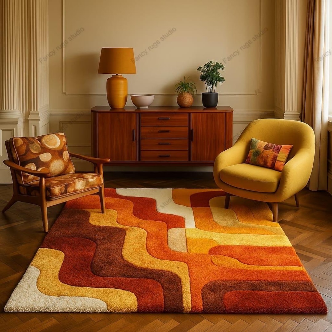 Retro Mid Century Shag Rug – 70s Geometric Orange Yellow Area Carpet ...