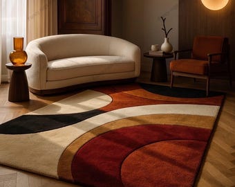 Retro jaren 70 geometrisch golftapijt – modern getuft shag-tapijt uit het midden van de eeuw | Vintage golvend accenttapijt | Groovy boho woonkamervloerdecoratie