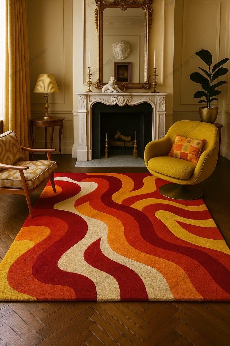 Retro Mid Century Shag Rug – 70s Geometric Orange Yellow Area Carpet ...