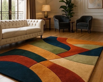 Hand Tufted Geometric Area Rug Burnt Orange | Mid Century Modern Carpet | Retro Abstract Living Room Rug Decor