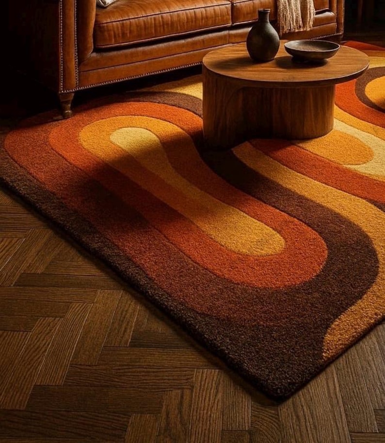 Retro Mid Century Shag Rug – 70s Geometric Orange Yellow Area Carpet ...