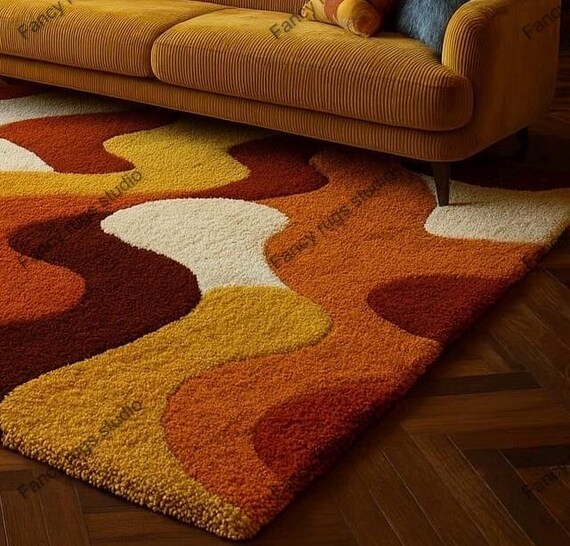 Retro Mid Century Shag Rug – 70s Geometric Orange Yellow Area