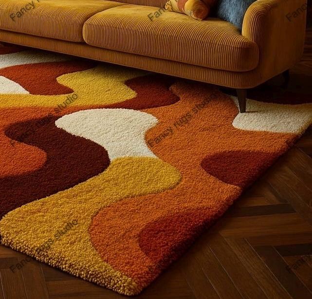 Retro Mid Century Shag Rug – 70s Geometric Orange Yellow Area