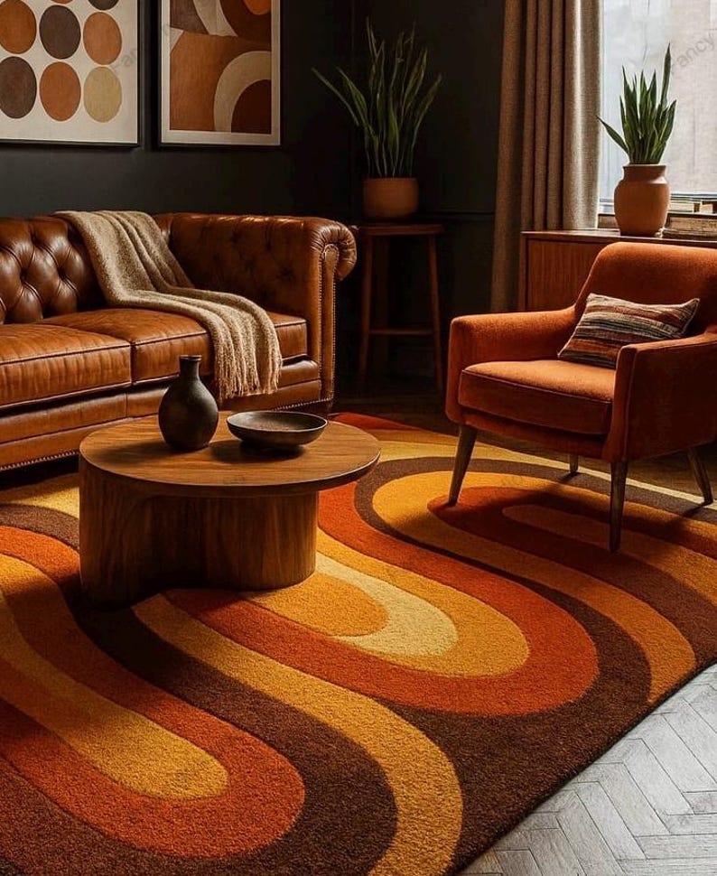 Retro Mid Century Shag Rug – 70s Geometric Orange Yellow Area Carpet ...