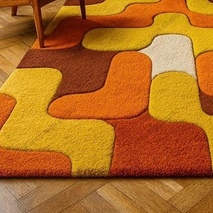Retro Mid Century Shag Rug – 70s Geometric Orange Yellow Area Carpet ...