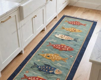 Alfombra de pasillo de cocina de lana con estampado de peces anudada a mano
