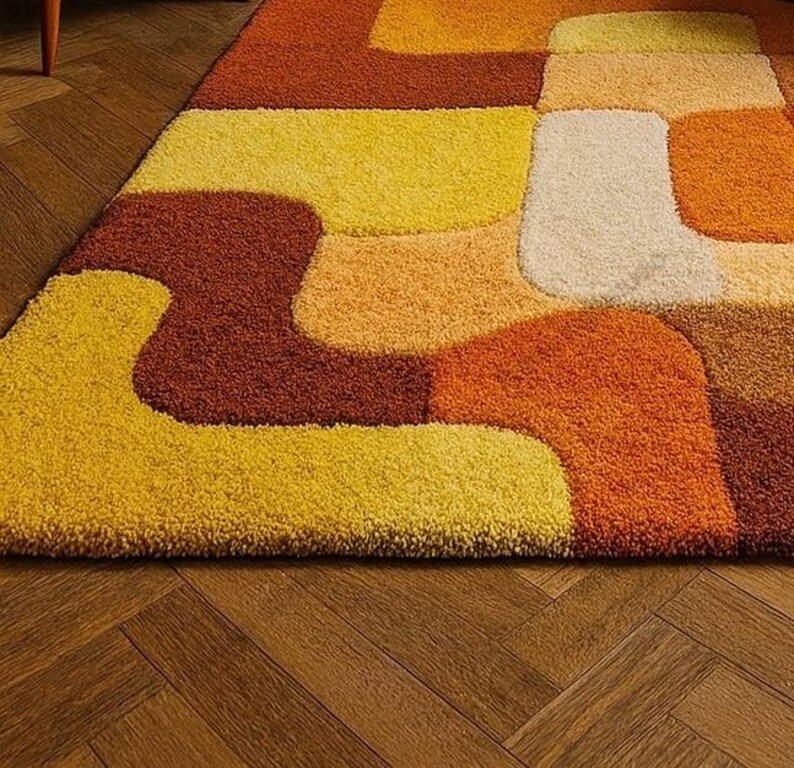 Retro Mid Century Shag Rug – 70s Geometric Orange Yellow Area Carpet ...