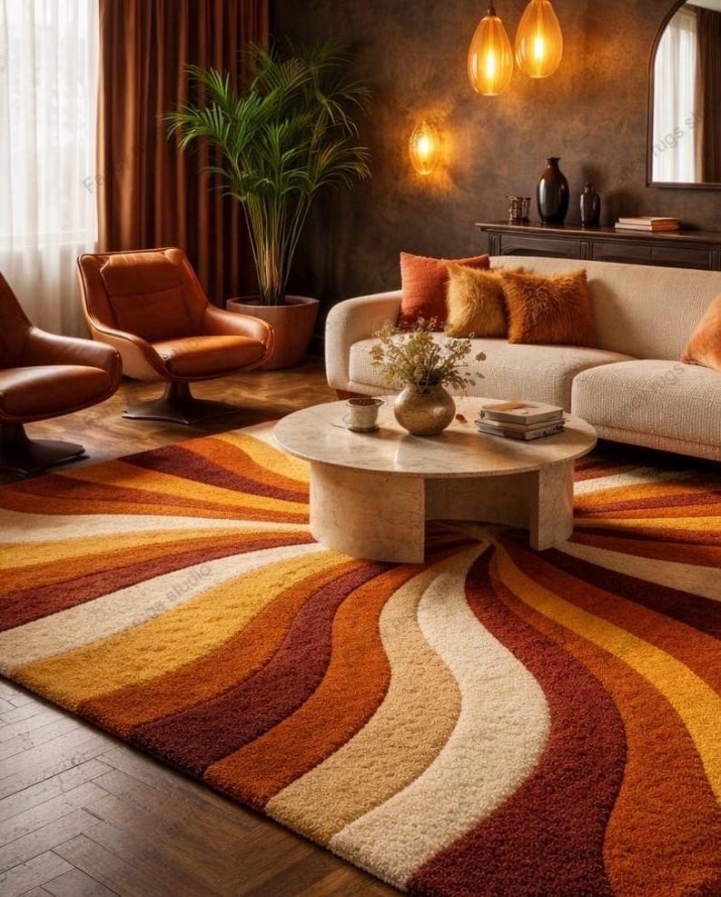 Retro Mid Century Shag Rug – 70s Geometric Orange Yellow Area Carpet ...