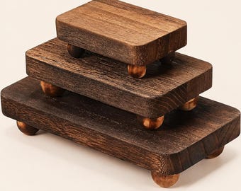 Wooden Display Riser Stand Set, Rustic Farmhouse Pedestal Tray, Minimalist Home Decor Platform