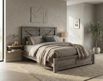 Farmhouse Wood Bed Frame with Barn Door Headboard, Rustic Platform Bed, No Box Spring Needed, King Queen Full Sizes, Rustic Grey / Barnwood