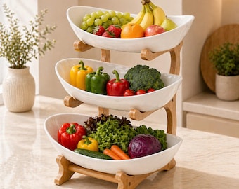 3 Tier Fruit Basket Stand, Wooden Kitchen Organizer, Ceramic Serving Tray, Modern Decor