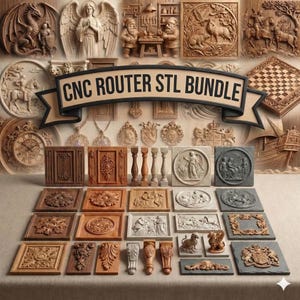 May include: A selection of detailed wooden carvings and sculptures, including angels, dragons, and classical motifs. The image displays the text "CNC Router STL Bundle". The carvings are in various shades of brown.