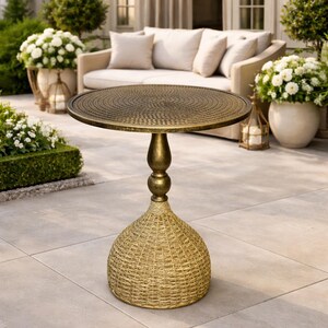 Round Brass Accent Table, Woven Base, Modern Living Room Decor