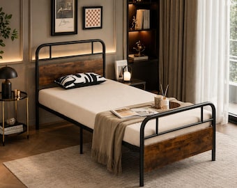 Industrial Metal Bed Frame, Rustic Wood Platform Bed, Twin/Full/Queen, Storage Space