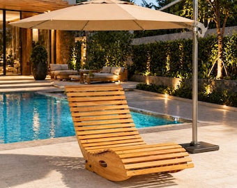 Wooden Rocking Lounge Chair, Ergonomic Outdoor Sun Lounger, Curved Patio Relax Chair