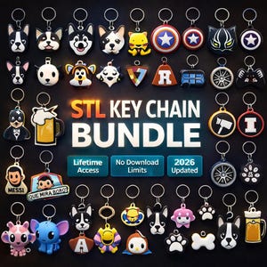 May include: A collection of keychains with various designs, including cartoon characters, dog faces, and superhero emblems. The keychains are attached to silver rings. The text "STL KEY CHAIN BUNDLE" is displayed in the center, along with other text.