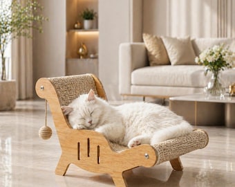 Sisal Cat Scratching Lounge Chair, Solid Wood Modern Pet Furniture, Interactive Toy Bed