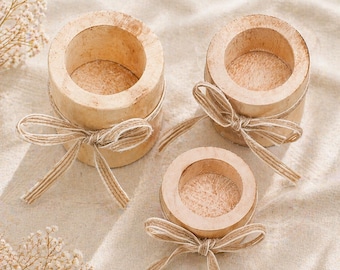 Set of Rustic Wooden Tealight Holders, Farmhouse Jute Bow Decor