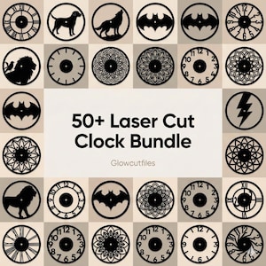Puede incluir: Una colección de diseños de relojes cortados con láser en una variedad de estilos, incluyendo siluetas de animales, patrones geométricos y esferas de reloj tradicionales. La imagen incluye el texto "50+ Laser Cut Clock Bundle" y el nombre del vendedor.