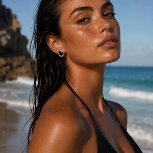 May include: A silver stud earring featuring a smooth, dark, oval-shaped stone centre. The earring has a polished metallic border that frames the dark inlay, creating a simple and clean design worn on the earlobe against a beach setting.