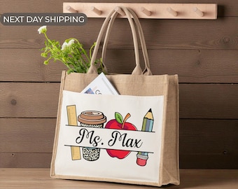 Custom Teacher Tote Bag, Teacher Appreciation Week, End Of Year Present, Custom Name Tote, School Supply Bag, Thank You Gift Jute