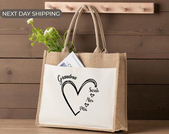 Custom Grandma Tote Bag with Grandchildren Names, Personalized Family Canvas Bag, Thoughtful Gift for Grandmother, Keepsake Memory Tote