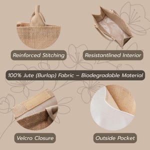 The image is a collage of four different images depicting various features of a burlap bag, including reinforced stitching, resistant lining, 100% jute (burlap) fabric, and biodegradable material.