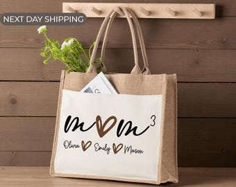 Custom Mom Bag With Kids Names ,Grandma Tote With Grandkids Names, Mothers Day Jute Bag, Nana Birthday, Kids Name Family Gift