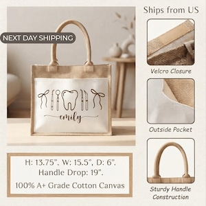 The image is a collage of three photos showcasing a beige tote bag with a dental-themed design, including a toothbrush, dental tools, and a tooth. The bag is described as having a handle drop of 19 inches, a 100% A+ grade cotton canvas, and a sturdy handle construction. The bag is being sold as a next day shipping item, and it is described as being made in the USA.
