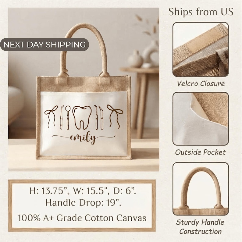 The image is a collage of three photos showcasing a beige tote bag with a dental-themed design, including a toothbrush, dental tools, and a tooth. The bag is described as having a handle drop of 19 inches, a 100% A+ grade cotton canvas, and a sturdy handle construction. The bag is being sold as a next day shipping item, and it is described as being made in the USA.