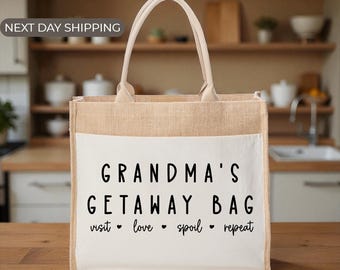 Grandmas Getaway Tote Bag, Funny Grandma Travel Canvas Bag, Reusable Vacation Shopper, Cute Gift for Grandmothers