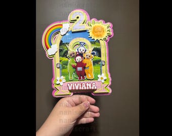 Teletubbies Rainbow Birthday Cake Topper, Personalized Name Age Cardstock Decoration