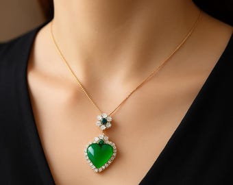 thumbnail image 2 of Handmade Yellow Gold Plated Icy Green Jade Heart Pendant Necklace Love Jewelry 310383 2 of 4