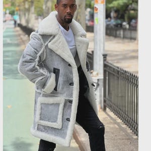 Handmade Men's Shearling Sheepskin Leather Coat – Vintage Long Winter Jacket with Fur Lining