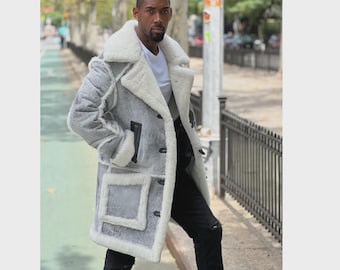 Handmade Men's Shearling Sheepskin Leather Coat – Vintage Long Winter Jacket with Fur Lining