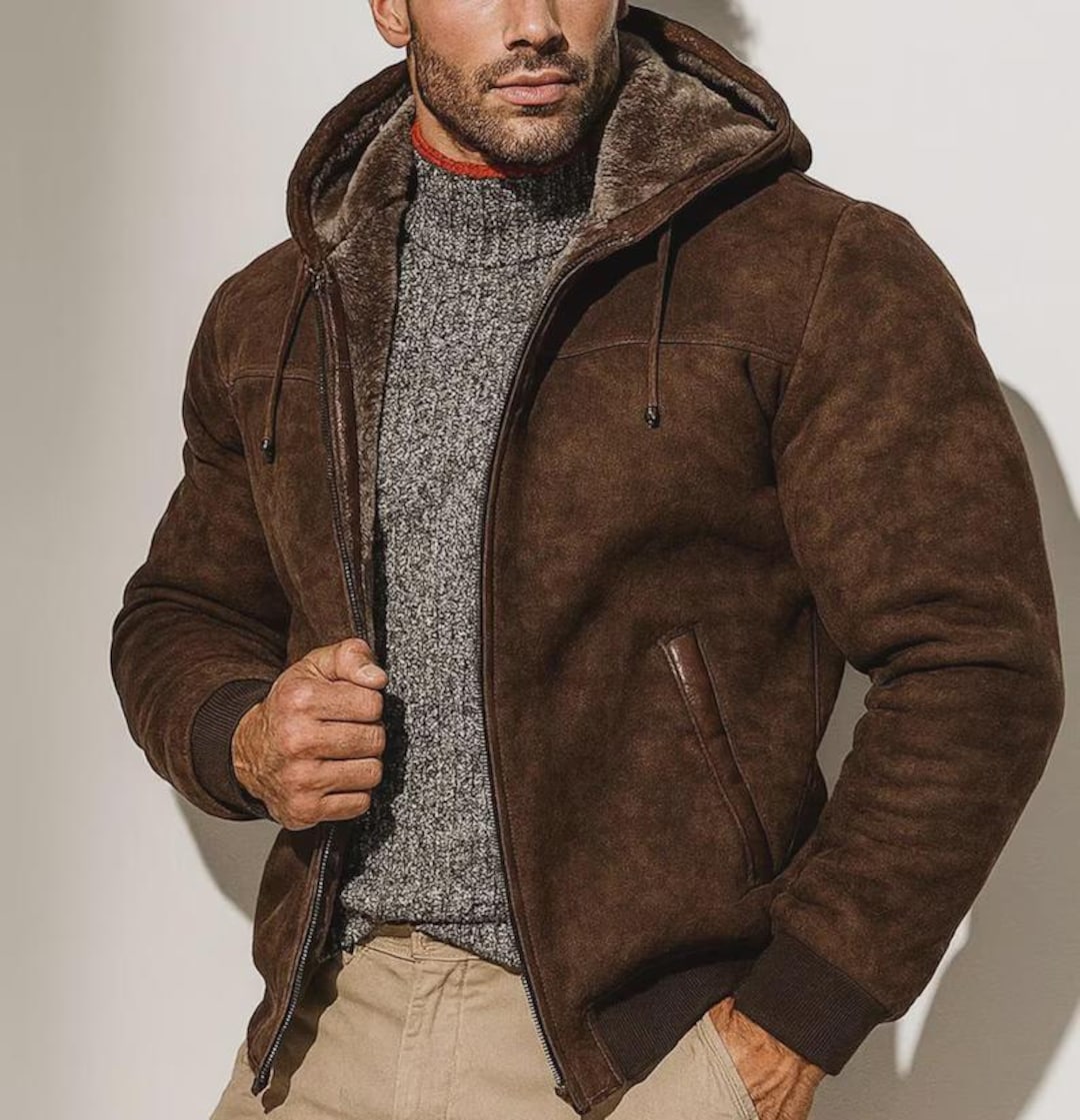 Men's Brown Suede Hoodie Jacket | Faux Fur Lined Outerwear - Etsy