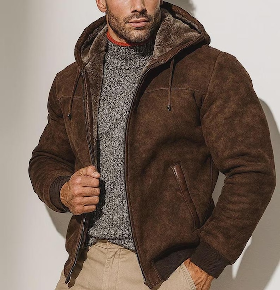 Men's Brown Suede Hoodie Jacket | Faux Fur Lined Outerwear - Etsy