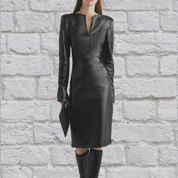 Women's Black Leather Dress - Custom-Made V-Neck Long Sleeve Knee-Length Outfit