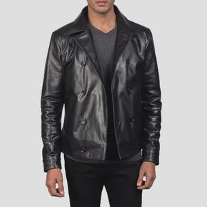 Men's Black Leather Peacoat | Vintage Mod Double Breasted Winter Jacket