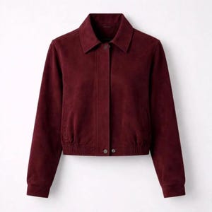 Maroon Suede Leather Cropped Jacket | Minimalist Designer Short Coat Fall Winter