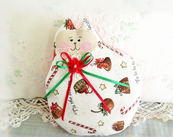 Christmas Cat Doll, Cat Pillow, Cloth Doll, 7inch, Chocolates and Candy Canes Print Fabric, Handmade CharlotteStyle Decorative Folk Art