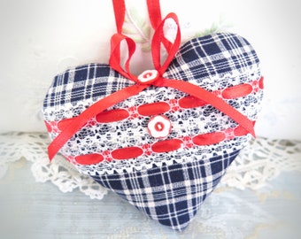 July 4 Americana Heart USA Patriotic Heart 5" Heart Ornament, Red White Navy Blue Door Hanger Handmade CharlotteStyle Decorative Folk Art