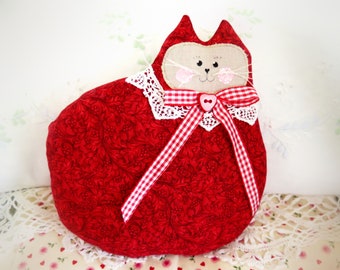 Christmas or Valentine Cat Pillow Doll, Cloth Doll 7" Red Valentine's Day Prim Soft Sculpture Handmade CharlotteStyle Decorative Folk Art