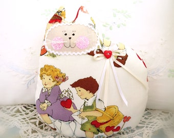 Valentine Cat Pillow, Cloth Doll 7 inch, Valentine Hearts Print, Heart Button, Soft Sculpture Handmade CharlotteStyle Decorative Folk Art