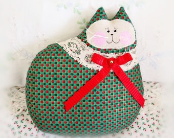 Christmas Cat Doll, Cat Pillow, Cloth Doll, 7 inch, Green Red Check Fabric, Soft Sculpture Handmade CharlotteStyle Decorative Folk Art