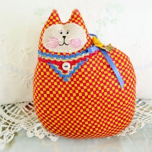 Cat Pillow Doll Cloth Doll 7 inch RED and YELLOW Check Primitive Soft Sculpture Handmade CharlotteStyle Decorative Folk Art image 1