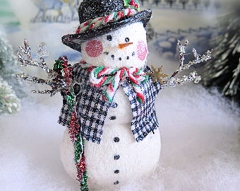 Top Hat Snowman Ornament 5" Handmade Fleece  Snowman Icicle Arms Christmas Handmade CharlotteStyle DecorativeFolk Art