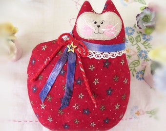 July 4th Patriotic Cat Doll Cat Pillow Cloth Doll 7 in. Cat Red Primitive Soft Sculpture Handmade CharlotteStyle Decorative Folk Art