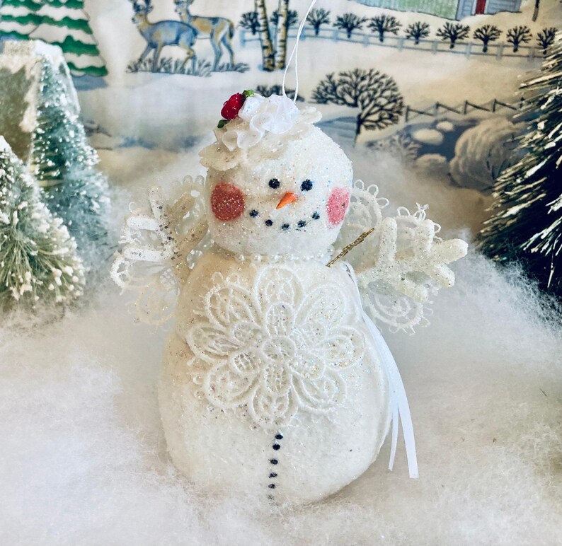 White Fleece Snow Angel Ornament 5 Handmade Snow Angel Lace Wings Bead