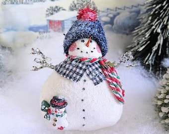 Snowman Ornament 5" Handmade Snowman  Christmas Fleece  Snowman Icicle Arms Christmas CharlotteStyle Decorative Folk Art